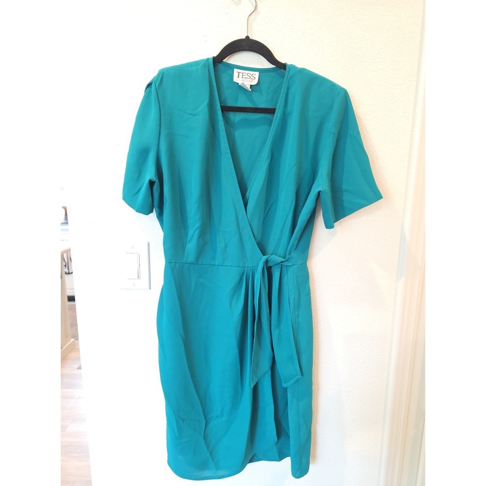 VTG 90's Wrap Dress Shoulder Pads Sz 12 Side Tie "Tess Dress" Green Knee Length - Picture 2 of 6